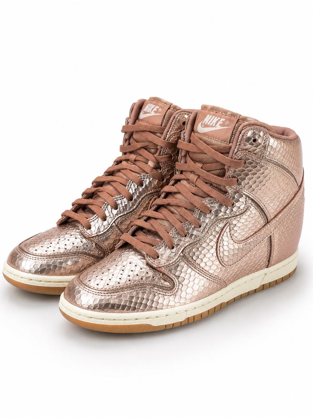 Nike Dunk Sky Hi Sneaker Wedge Rose Gold Snake Embossed Leather Size 7.5 EUC